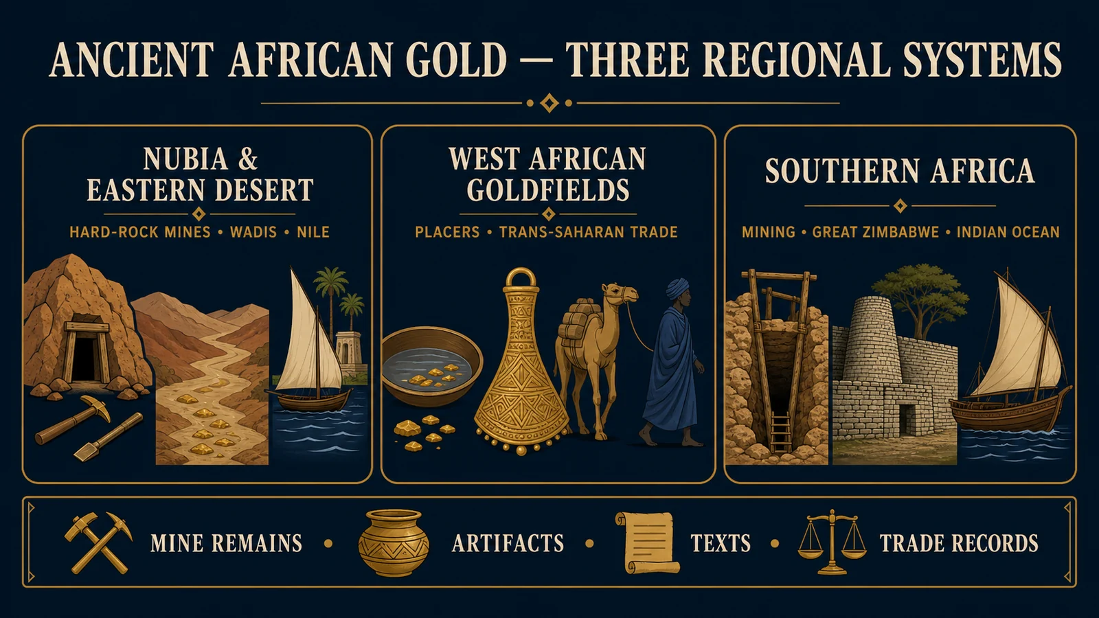Map-style infographic locating Nubia and the Eastern Desert, West African goldfields, Timbuktu, Mapungubwe, Great Zimbabwe, and Nile, Saharan, and Indian Ocean trade routes