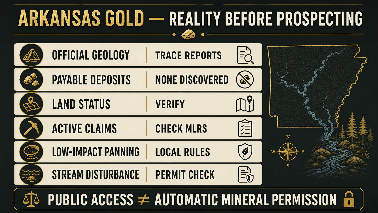 Infographic separating trace reports, no payable deposits, legal access, hand panning, claims and permit escalation