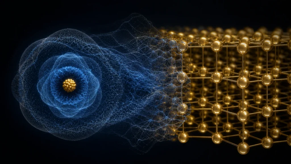 Scientific visualization of a gold atom, electron probability clouds, and a face-centered cubic gold lattice