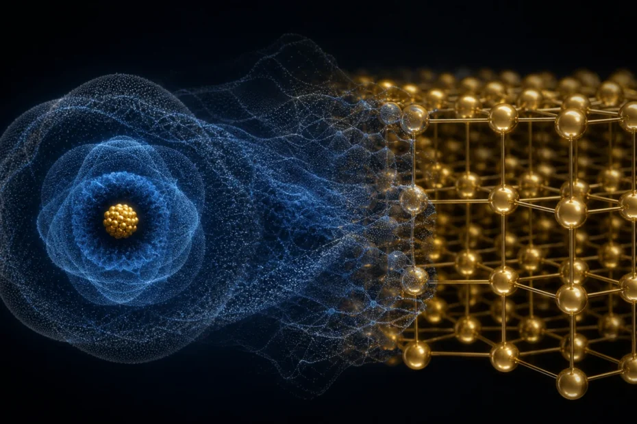 Scientific visualization of a gold atom, electron probability clouds, and a face-centered cubic gold lattice