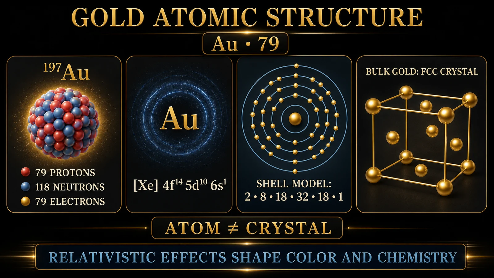 Infographic showing 79 protons, 118 neutrons for gold-197, 79 electrons, configuration, and FCC crystal structure