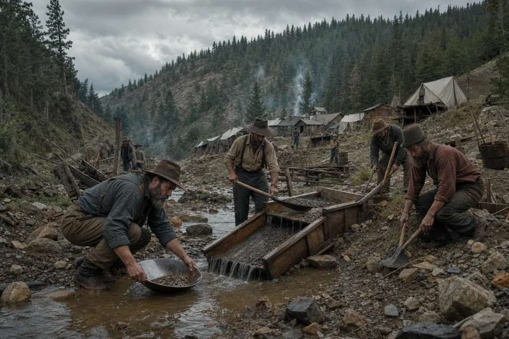 Historically styled 1876 placer miners working a creek in the pine-covered Black Hills
