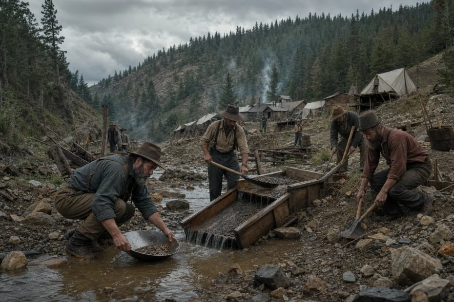 Historically styled 1876 placer miners working a creek in the pine-covered Black Hills