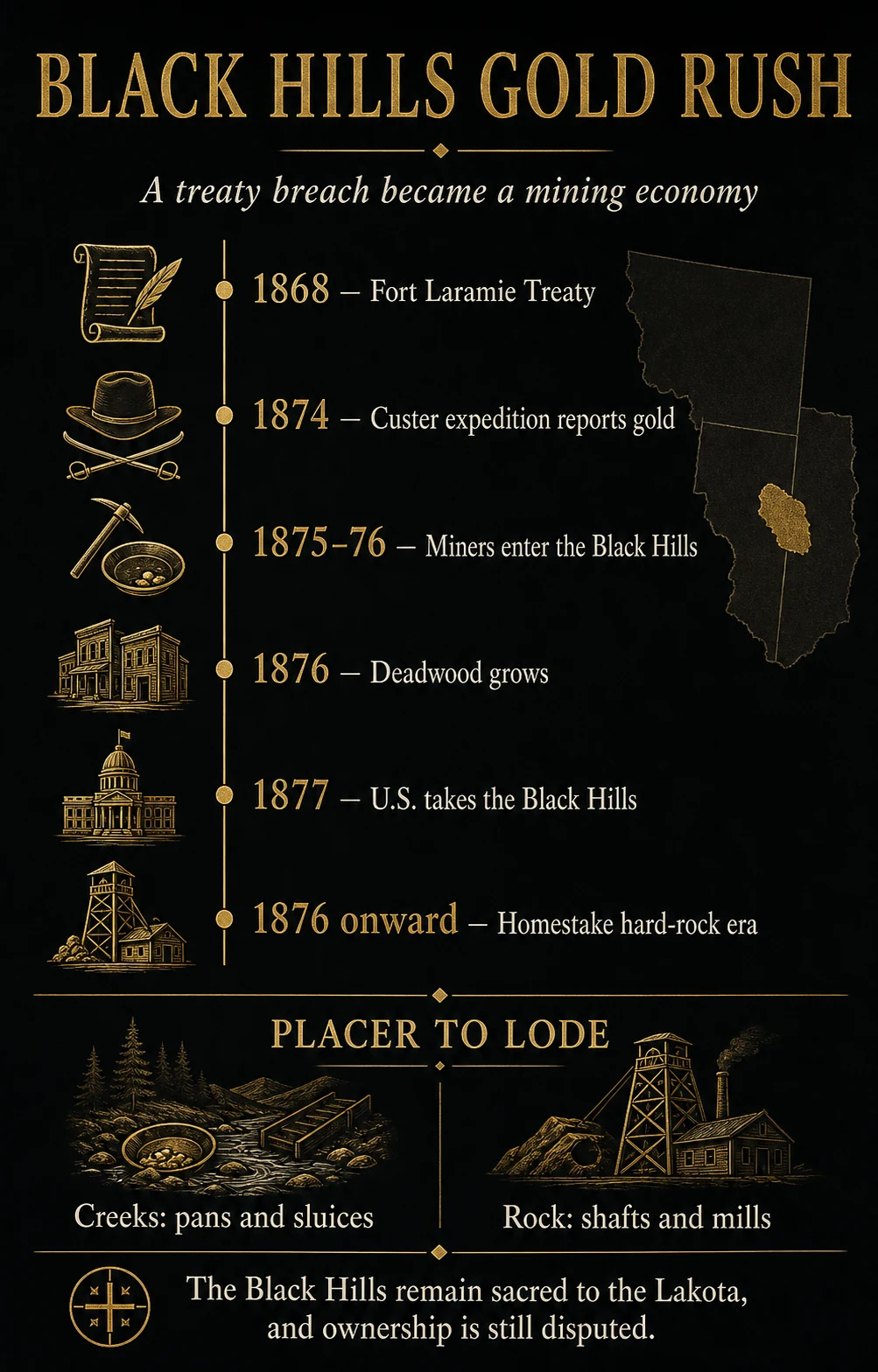 Infographic timeline from the 1868 Fort Laramie Treaty through Deadwood and the Homestake hard-rock era