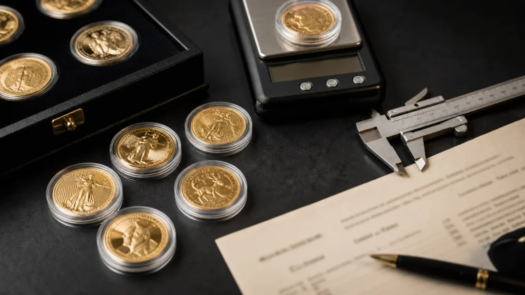 Gold bullion coins with a scale, calipers and purchase documents