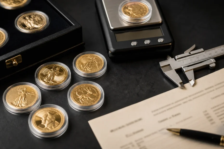 Gold bullion coins with a scale, calipers and purchase documents