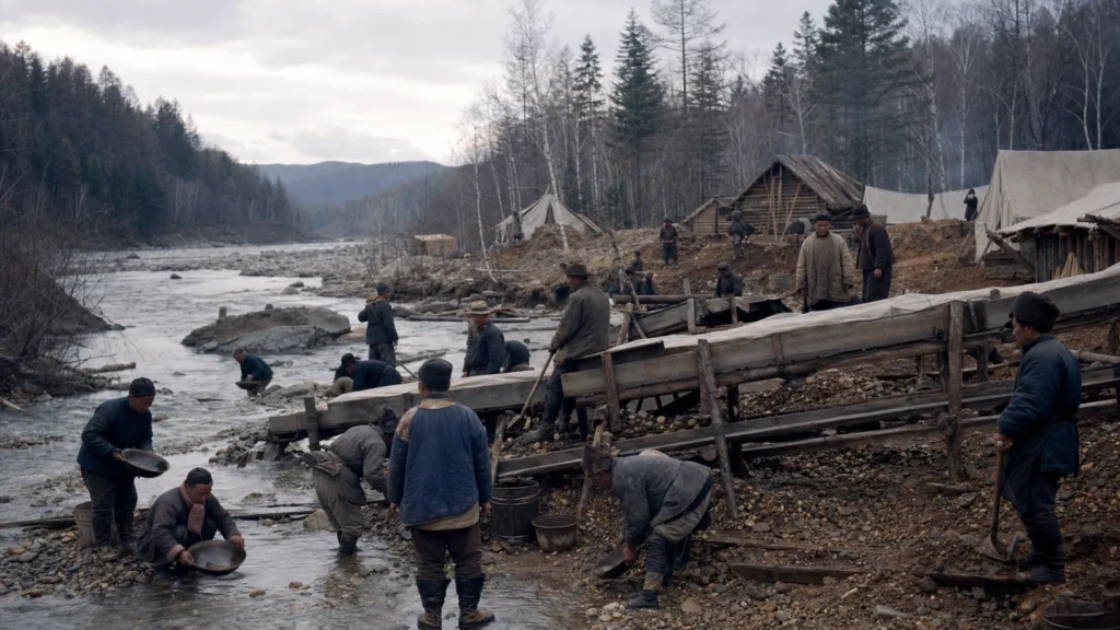 Historical reconstruction of Chinese and Russian miners working placer gravels near Mohe in the 1880s