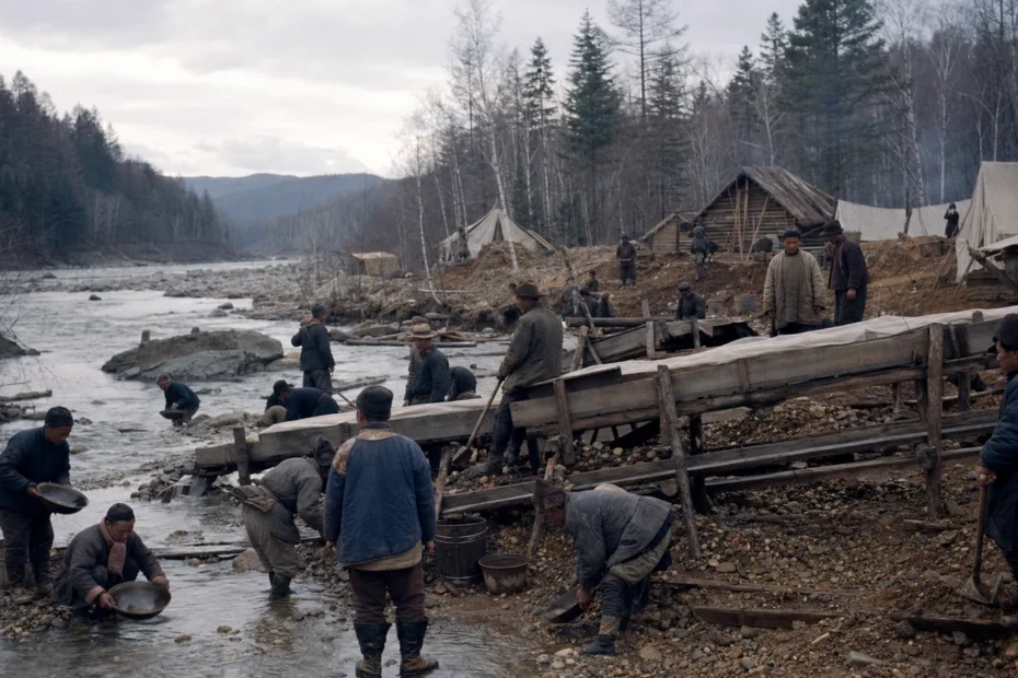 Historical reconstruction of Chinese and Russian miners working placer gravels near Mohe in the 1880s
