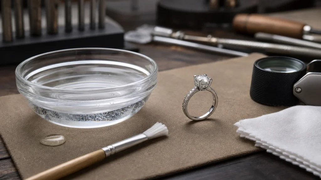 White gold ring beside a soft brush, mild soap, lukewarm water bowl, and lint-free cloth on a jeweler workbench