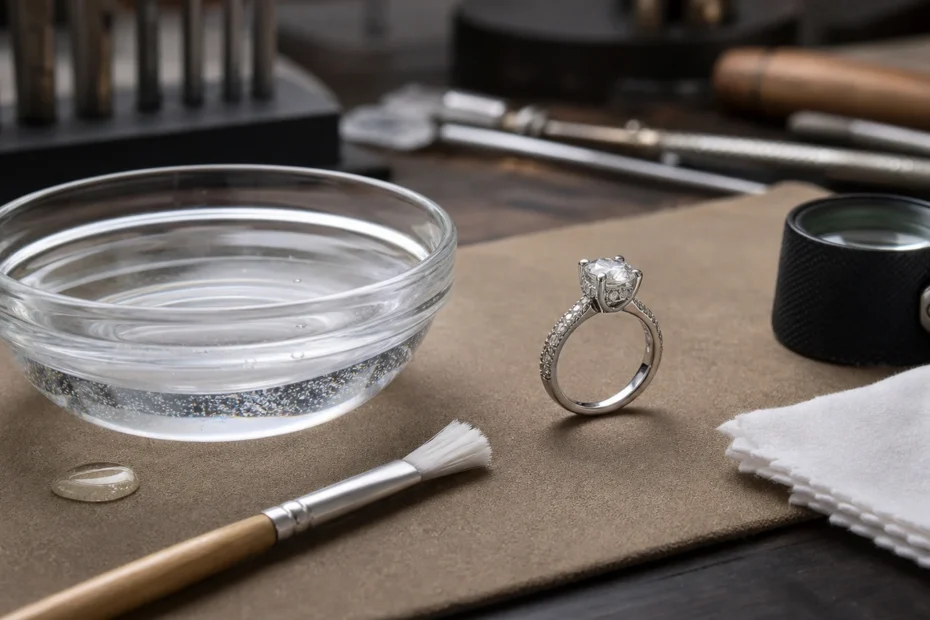 White gold ring beside a soft brush, mild soap, lukewarm water bowl, and lint-free cloth on a jeweler workbench