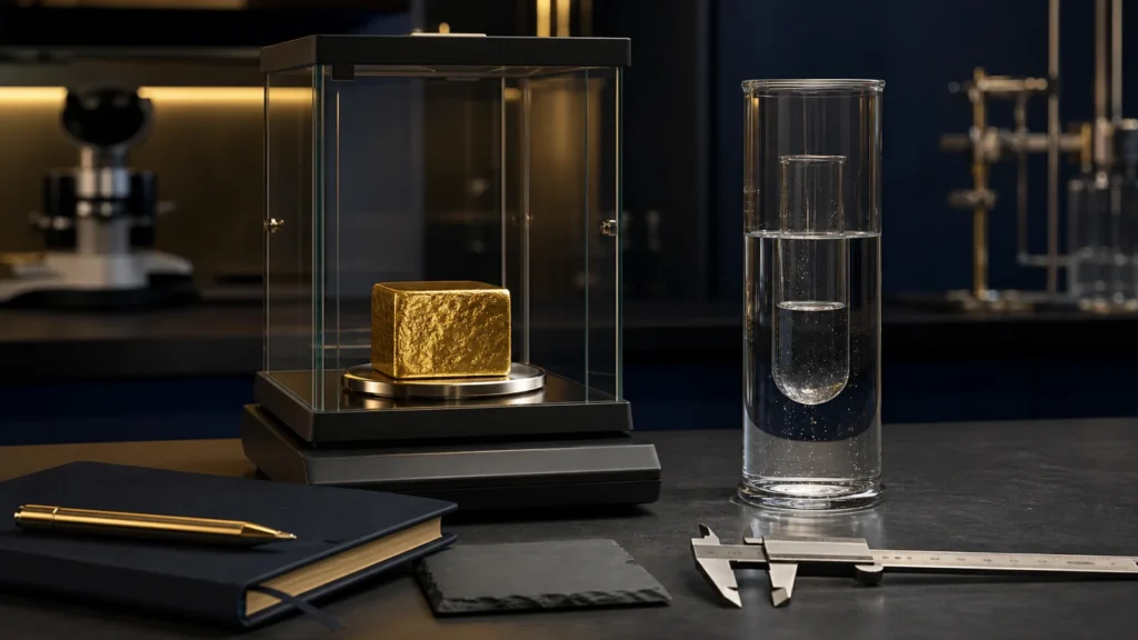 Pure gold sample on a precision balance beside a graduated water-displacement vessel in a materials laboratory