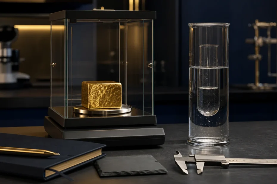 Pure gold sample on a precision balance beside a graduated water-displacement vessel in a materials laboratory