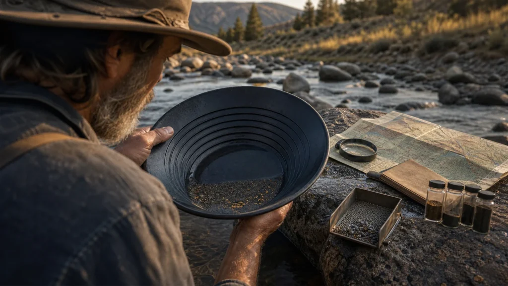 Prospector studying a geologic map beside a stream pan containing black sand and a few tiny gold flakes