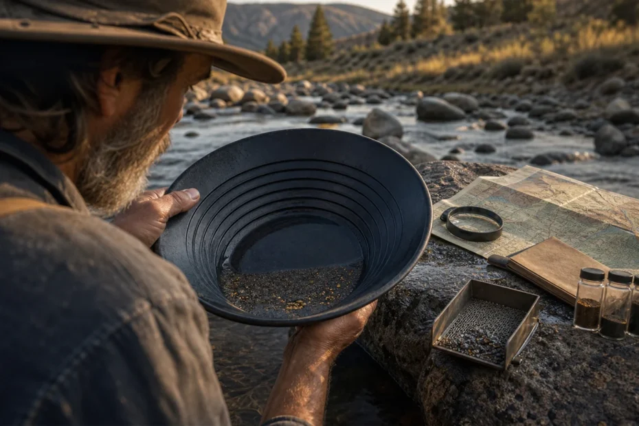 Prospector studying a geologic map beside a stream pan containing black sand and a few tiny gold flakes