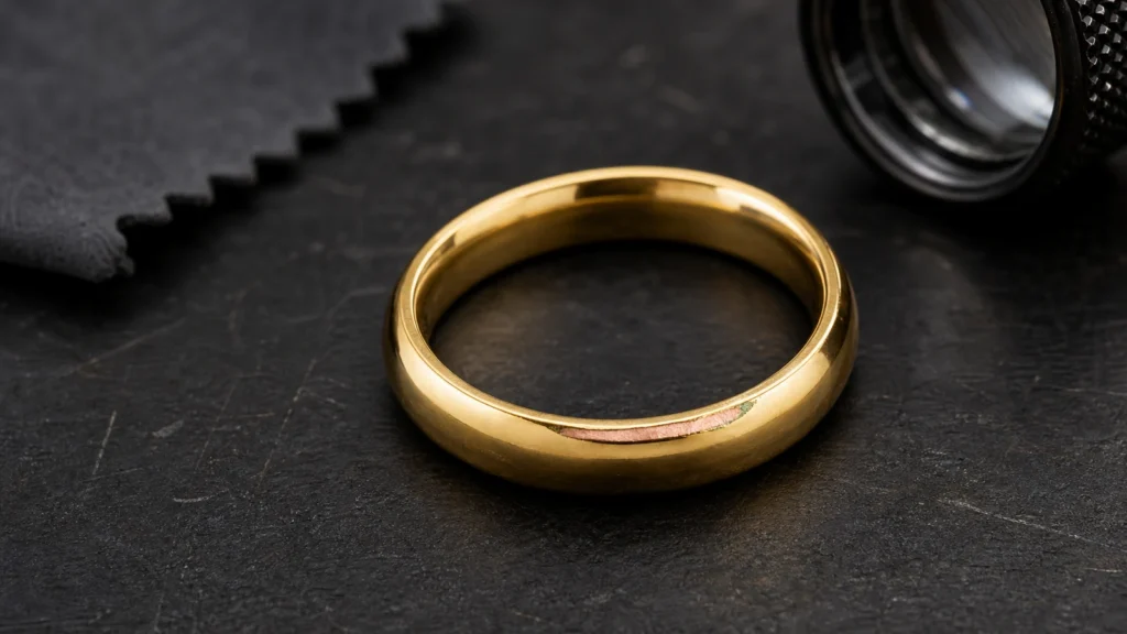 Macro photograph of a gold-plated ring with a subtle worn edge revealing the copper-colored base metal