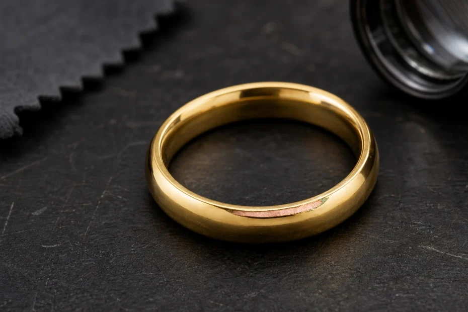 Macro photograph of a gold-plated ring with a subtle worn edge revealing the copper-colored base metal