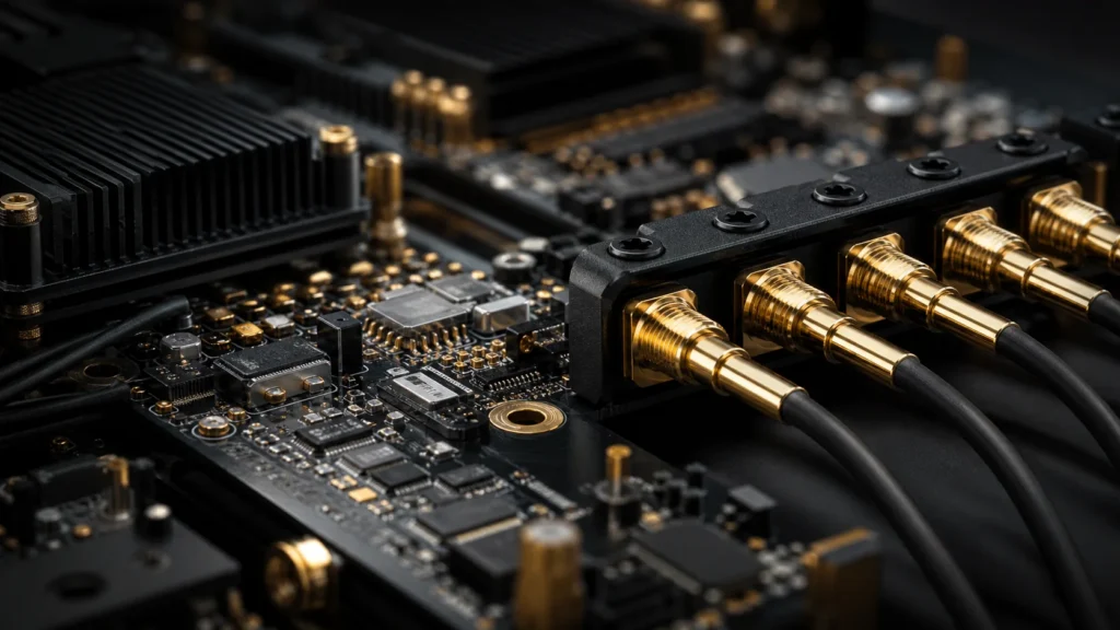 Gold-plated connectors and contacts inside modern 5G telecommunications hardware