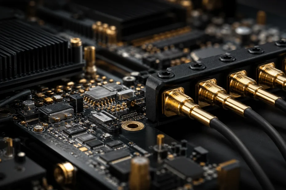 Gold-plated connectors and contacts inside modern 5G telecommunications hardware