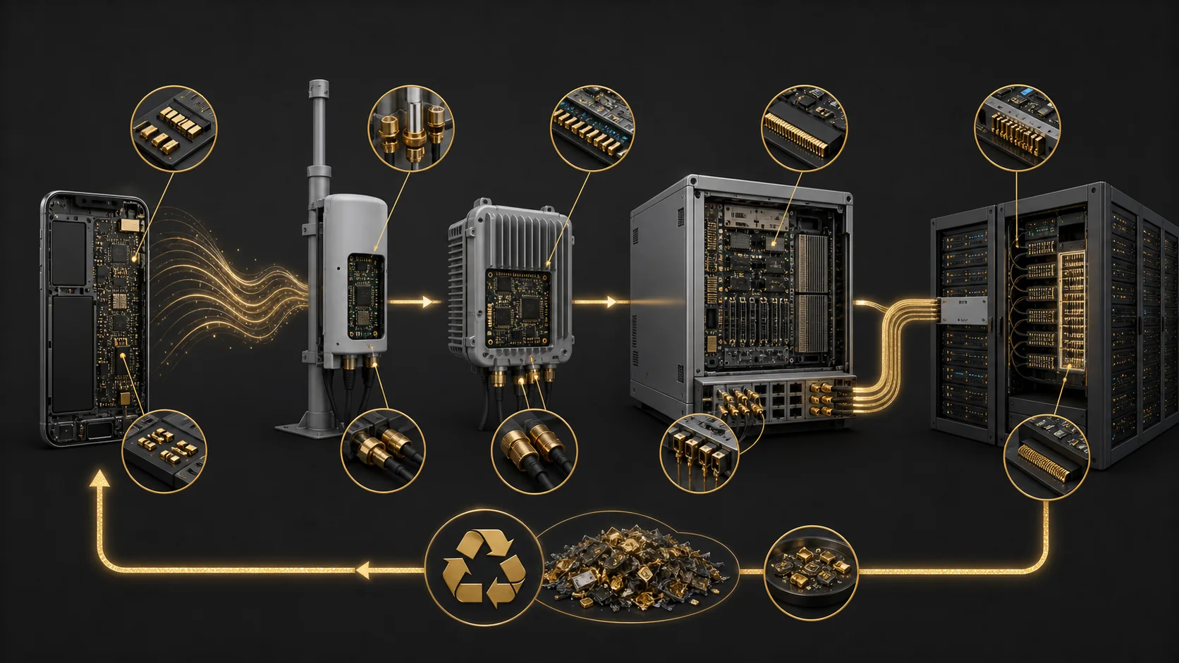 Diagram showing where small amounts of gold can appear across a 5G network