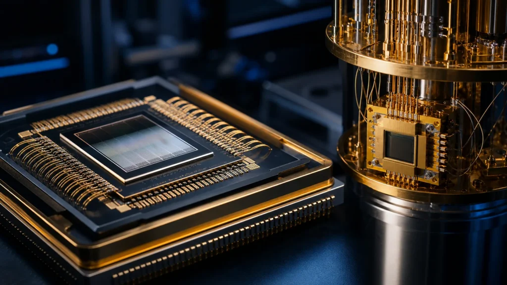 AI accelerator and quantum-computing hardware with gold bond wires and contacts