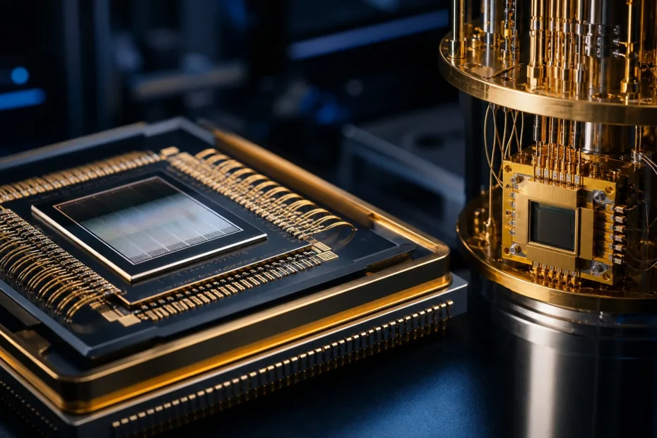 AI accelerator and quantum-computing hardware with gold bond wires and contacts