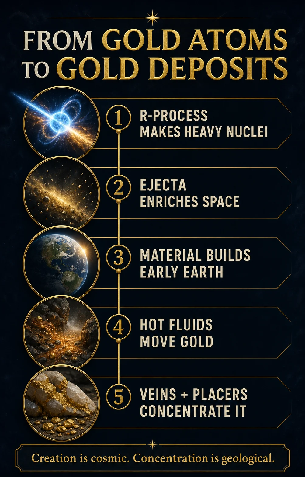 Timeline from r-process nucleosynthesis to geological gold deposits