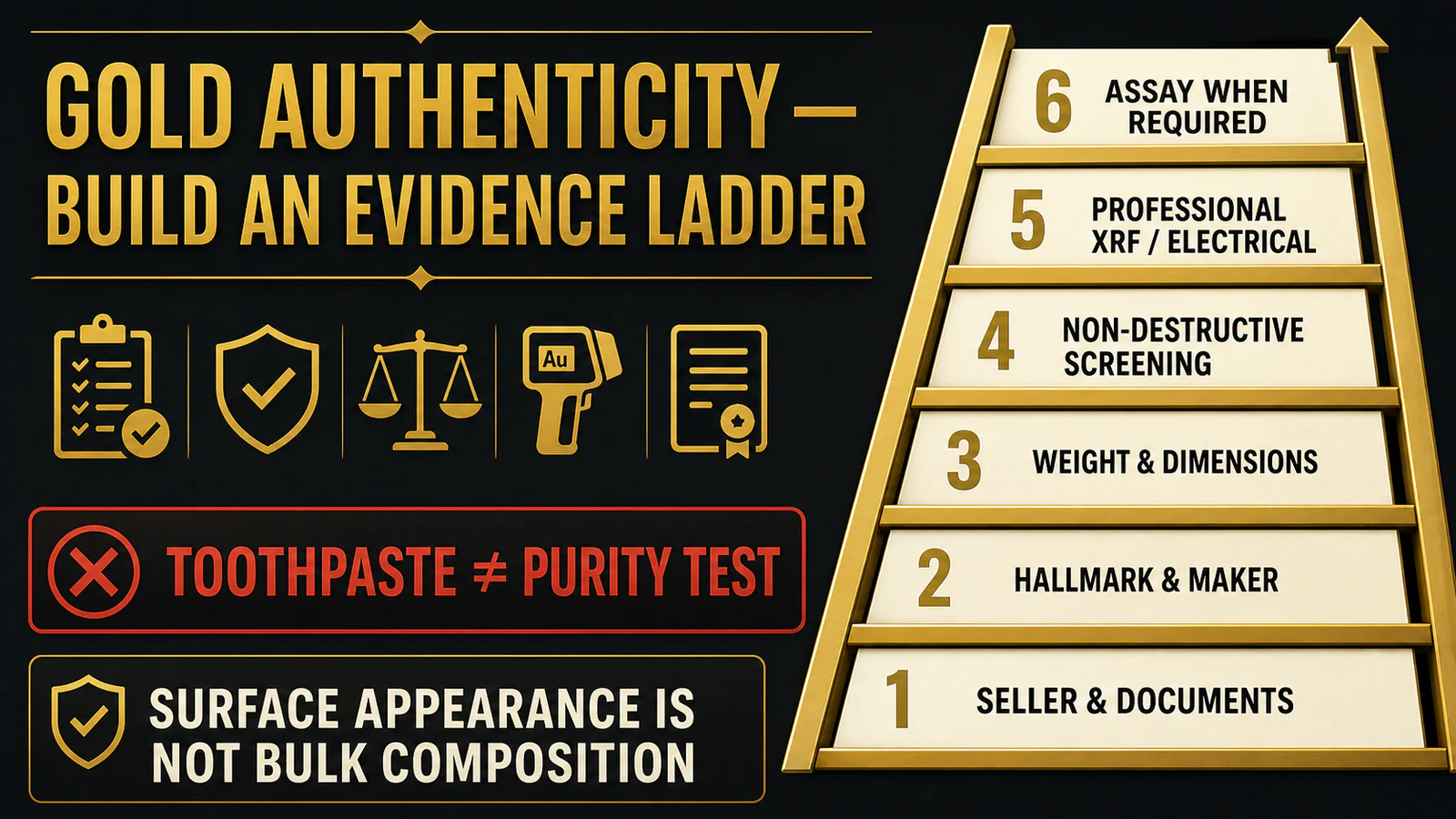 Infographic showing documentation, specifications, non-destructive screening, XRF or electrical testing, and assay escalation while rejecting toothpaste