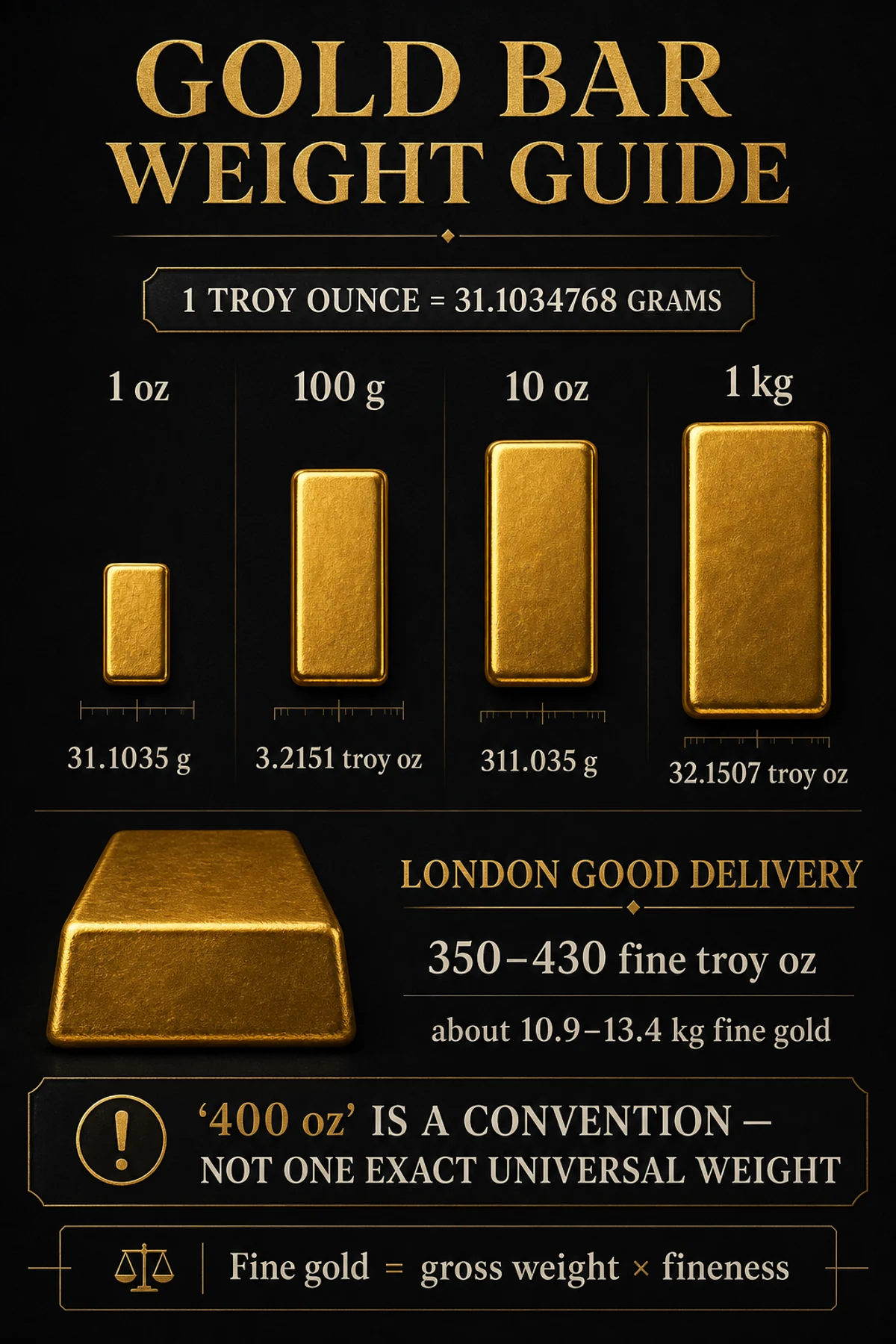 Infographic comparing 1 ounce, 100 gram, 10 ounce, 1 kilogram and London Good Delivery gold bars