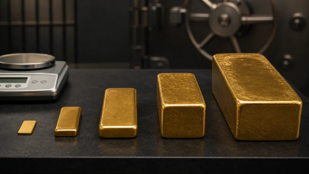 Different gold bar sizes arranged beside a calibrated scale, from a small minted bar to a large cast bar