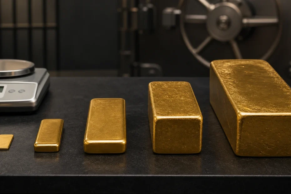 Different gold bar sizes arranged beside a calibrated scale, from a small minted bar to a large cast bar