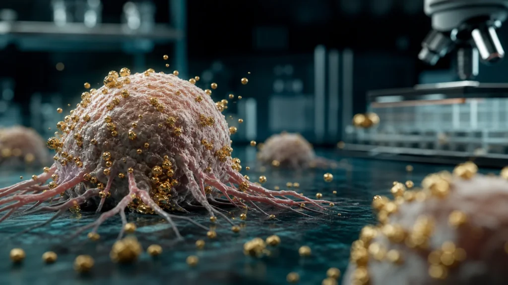 Gold nanoparticles surrounding a cancer research cell model in a laboratory
