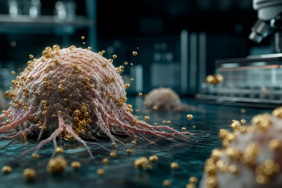 Gold nanoparticles surrounding a cancer research cell model in a laboratory