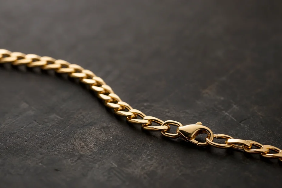 Gold chain and clasp inspected on a dark jeweler's bench