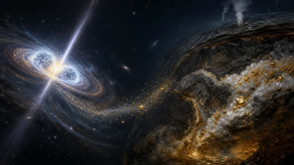 Neutron-star merger beside a cutaway of gold-bearing quartz veins in Earth's crust