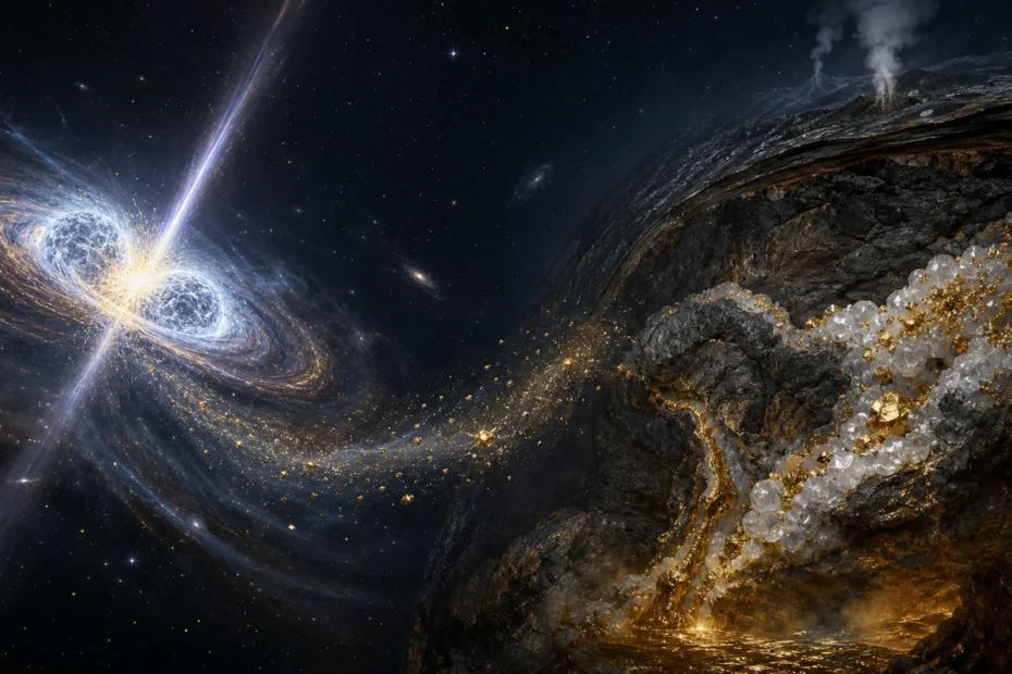 Neutron-star merger beside a cutaway of gold-bearing quartz veins in Earth's crust