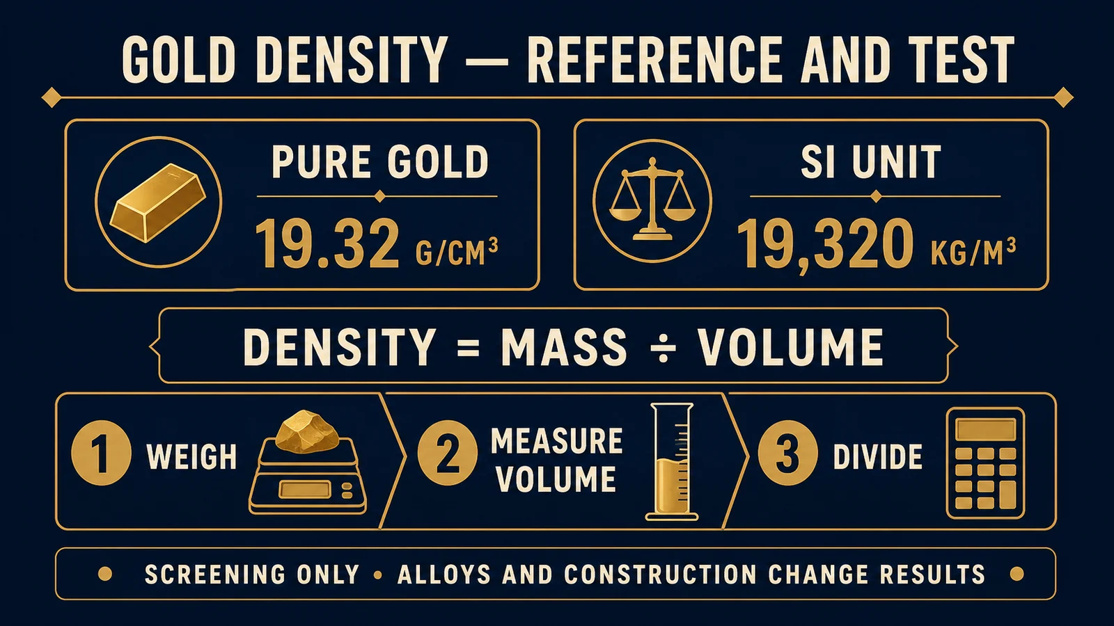 Infographic showing the gold density formula, the 19.32 grams per cubic centimeter reference value, unit conversions, and common test errors