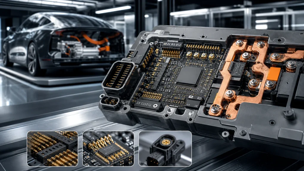 Electric vehicle electronics module with selectively gold-plated connector contacts, sensors and semiconductor packaging beside copper busbars