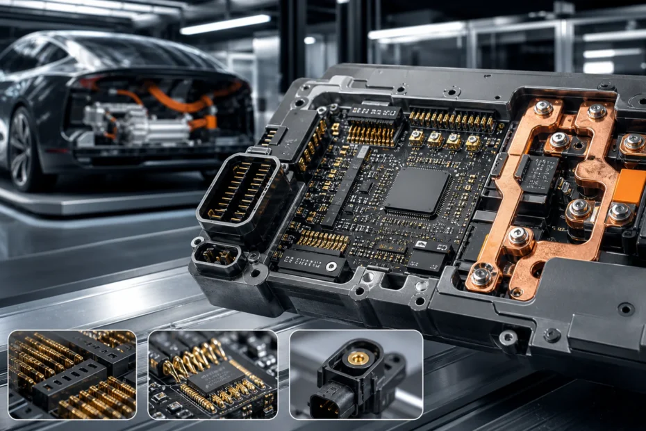 Electric vehicle electronics module with selectively gold-plated connector contacts, sensors and semiconductor packaging beside copper busbars