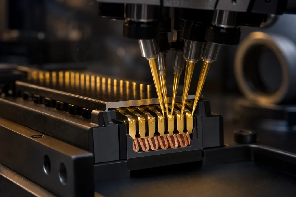 Precision probes testing thin gold-plated electronic contacts over copper conductors