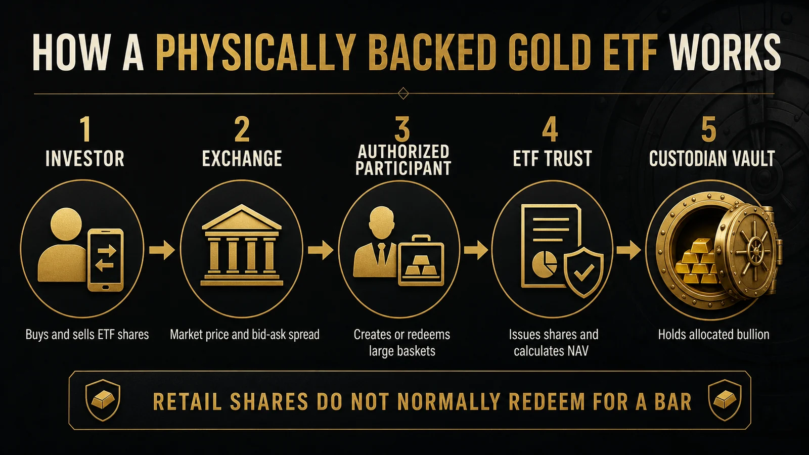 Infographic showing investors, exchange trading, authorized participants, the ETF trust, custodian vault, and physical gold bars