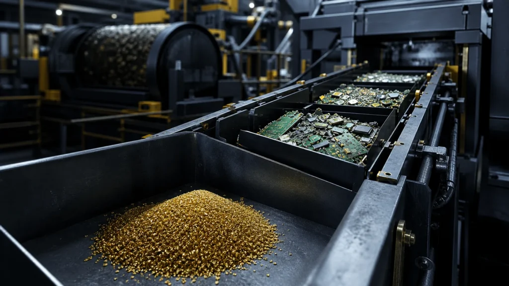 Professional electronic-waste recycling line recovering gold-bearing material from circuit boards