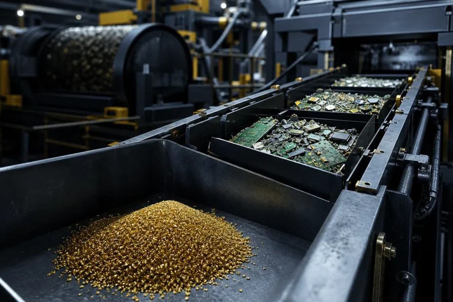 Professional electronic-waste recycling line recovering gold-bearing material from circuit boards
