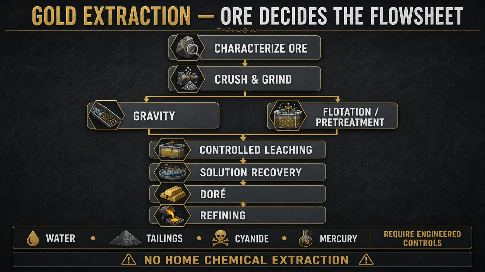 Infographic showing ore characterization, crushing and grinding, gravity, flotation or pretreatment, leaching, solution recovery, doré, refining, water, and tailings