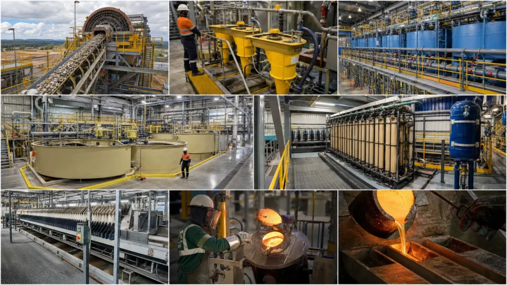 Modern gold processing facility with crushed ore, gravity equipment, leach tanks, carbon circuit, and a doré pour under controlled industrial conditions