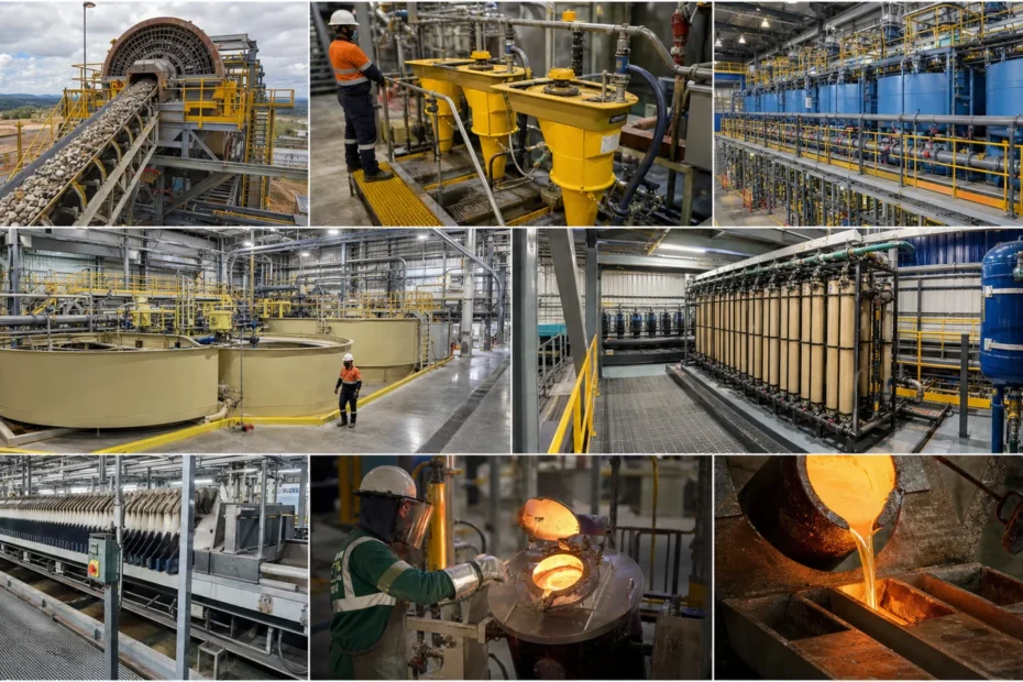 Modern gold processing facility with crushed ore, gravity equipment, leach tanks, carbon circuit, and a doré pour under controlled industrial conditions