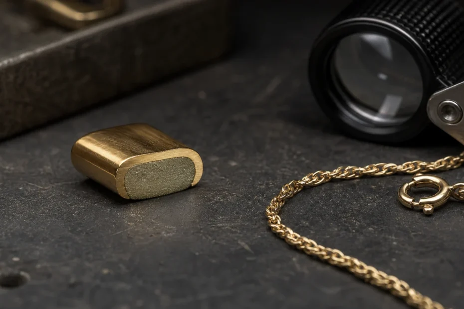 Gold-filled jewelry and a cutaway showing a bonded gold layer over a base-metal core