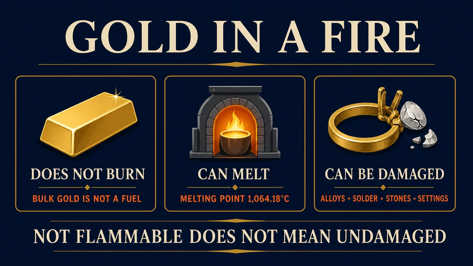 Infographic distinguishing nonflammable bulk gold from melting, alloy damage, solder failure, gemstone damage, and contaminated recovery