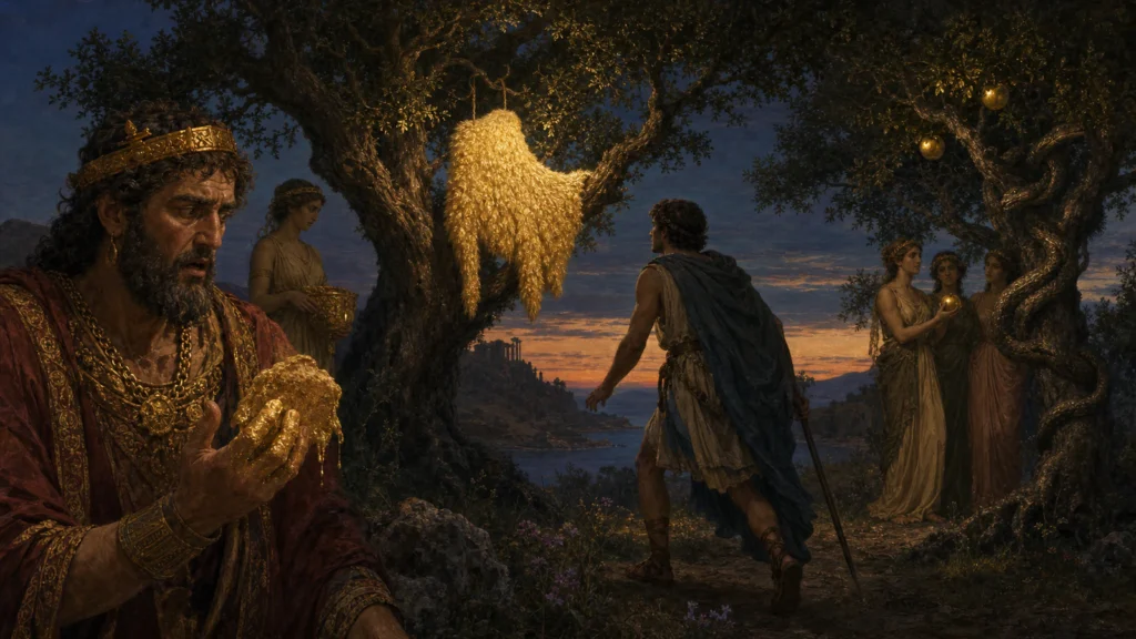 King Midas beside the Golden Fleece, Jason, and the golden apples of the Hesperides in an ancient Greek inspired scene