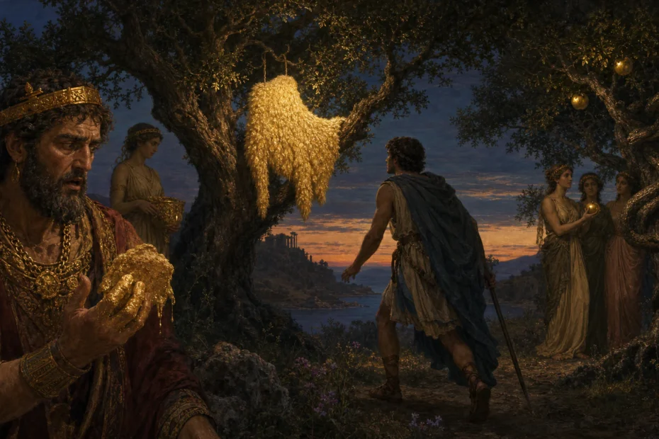 King Midas beside the Golden Fleece, Jason, and the golden apples of the Hesperides in an ancient Greek inspired scene