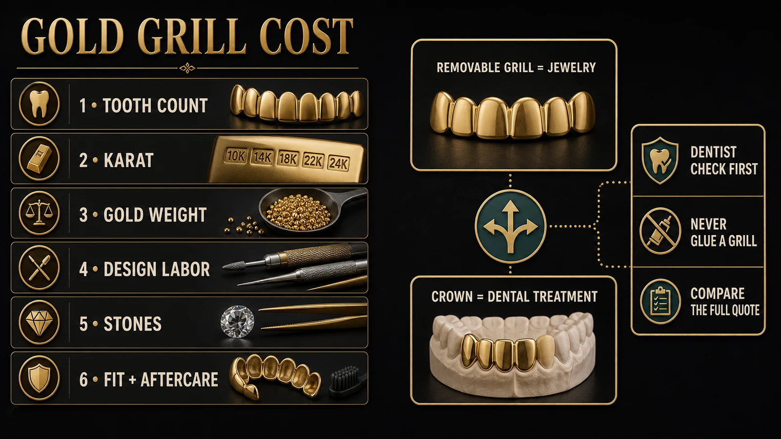 Infographic showing tooth count, karat, gold weight, labor, stones, fit, and dental review as gold grill cost factors